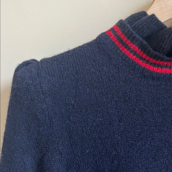 Sandro Paris Navy and red striped Sweater with Ruffle Collar and sleeves. - Picture 6 of 7